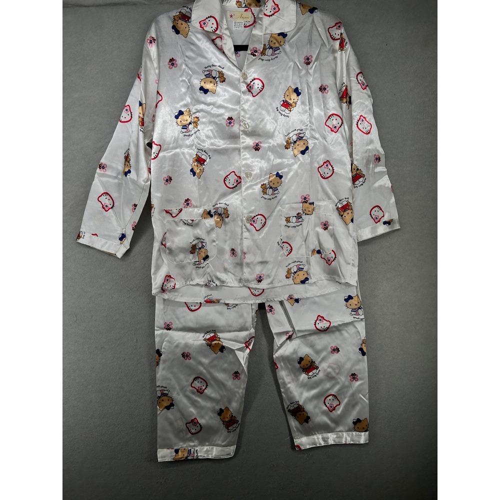 Annee Hello Kitty Teddy Bear Satin Pajama Set White Long Sleeve Button Up XL